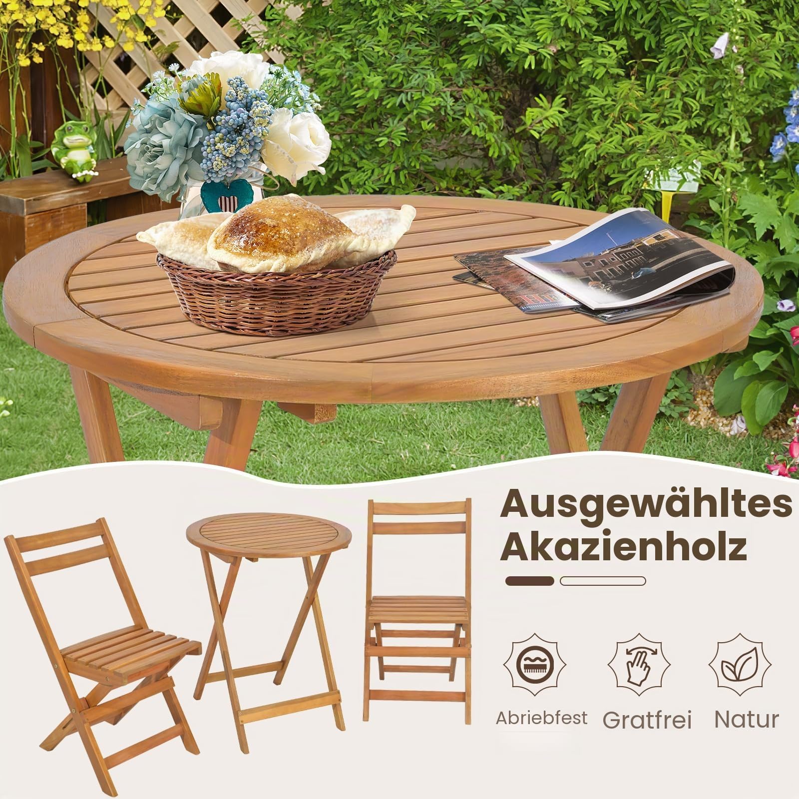 GIANTEX Balkonmöbel Kleiner Balkon, Bistrotisch mit 2 Stühlen, Gartenmöbel Set Holz klappbar, Balkonset Bistroset Outdoor, Terrassenmöbel 2 Personen, Garten Sitzgruppe Sitzgarnitur Gartengarnitur