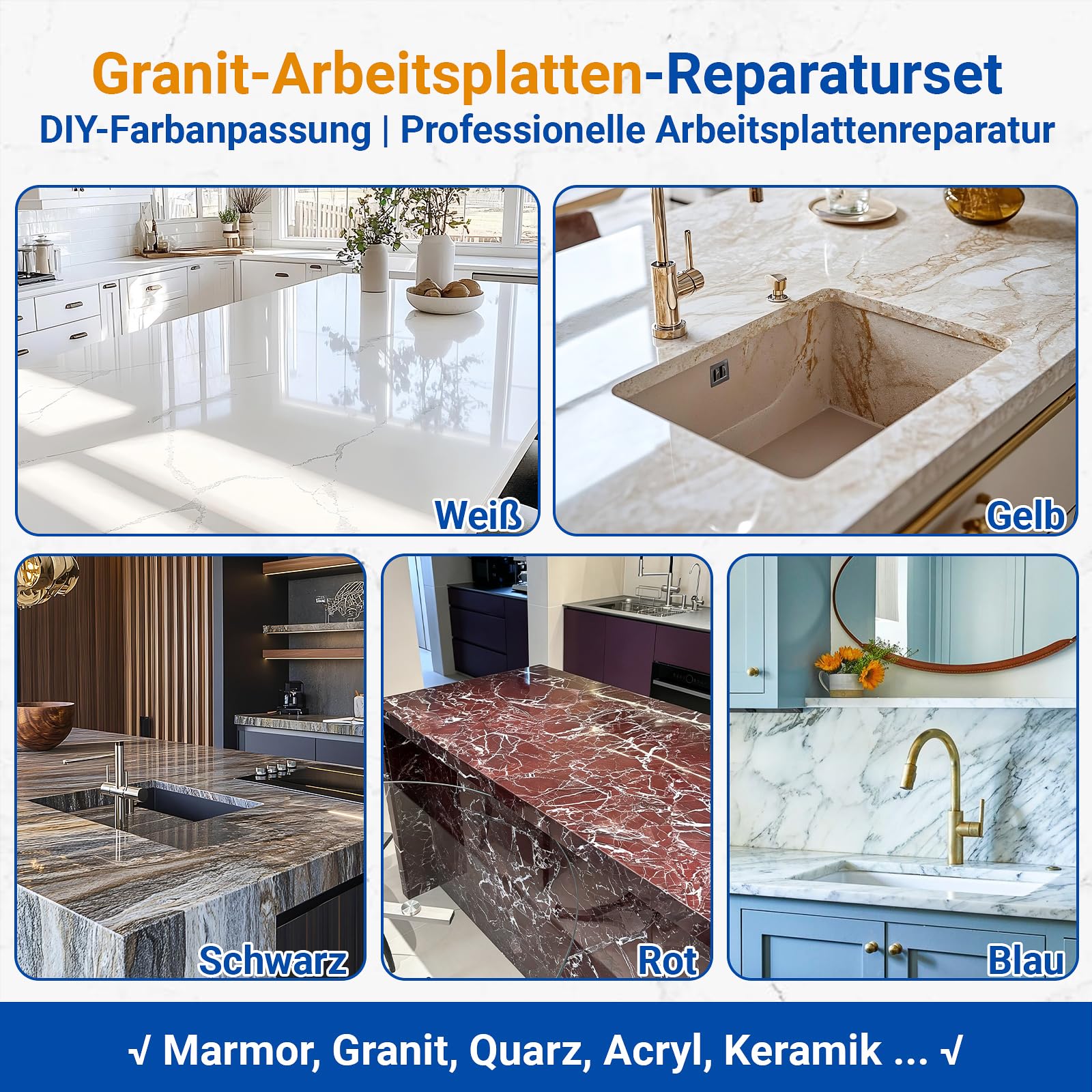 Marmor Reparaturset 160g/5.64oz, Fliesenreparaturset für Granit Quarz Acryl Keramikstein Arbeitsplatte, Füllen von Löchern Chips Rissen Kratzern und Dellen (Farbabstimmung)