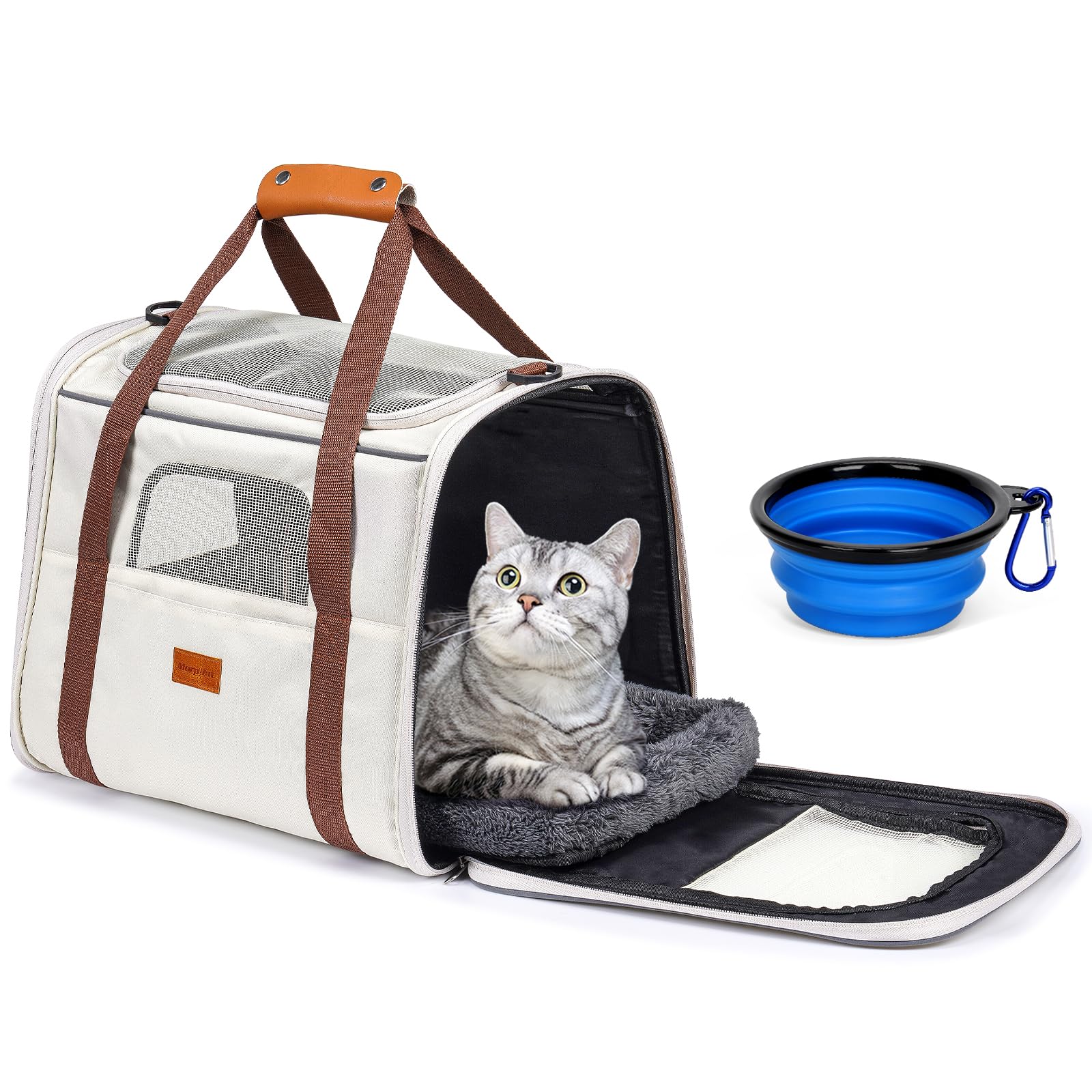 Morpilot Cat Carrier - Airline Approved, Top Opening Portable Dog Bag with Breathable Mesh/Removable Mat, Adjustable Shoulder Strap & Bowl, Foldable Travel Cage, L, Beige (Max 9kg)