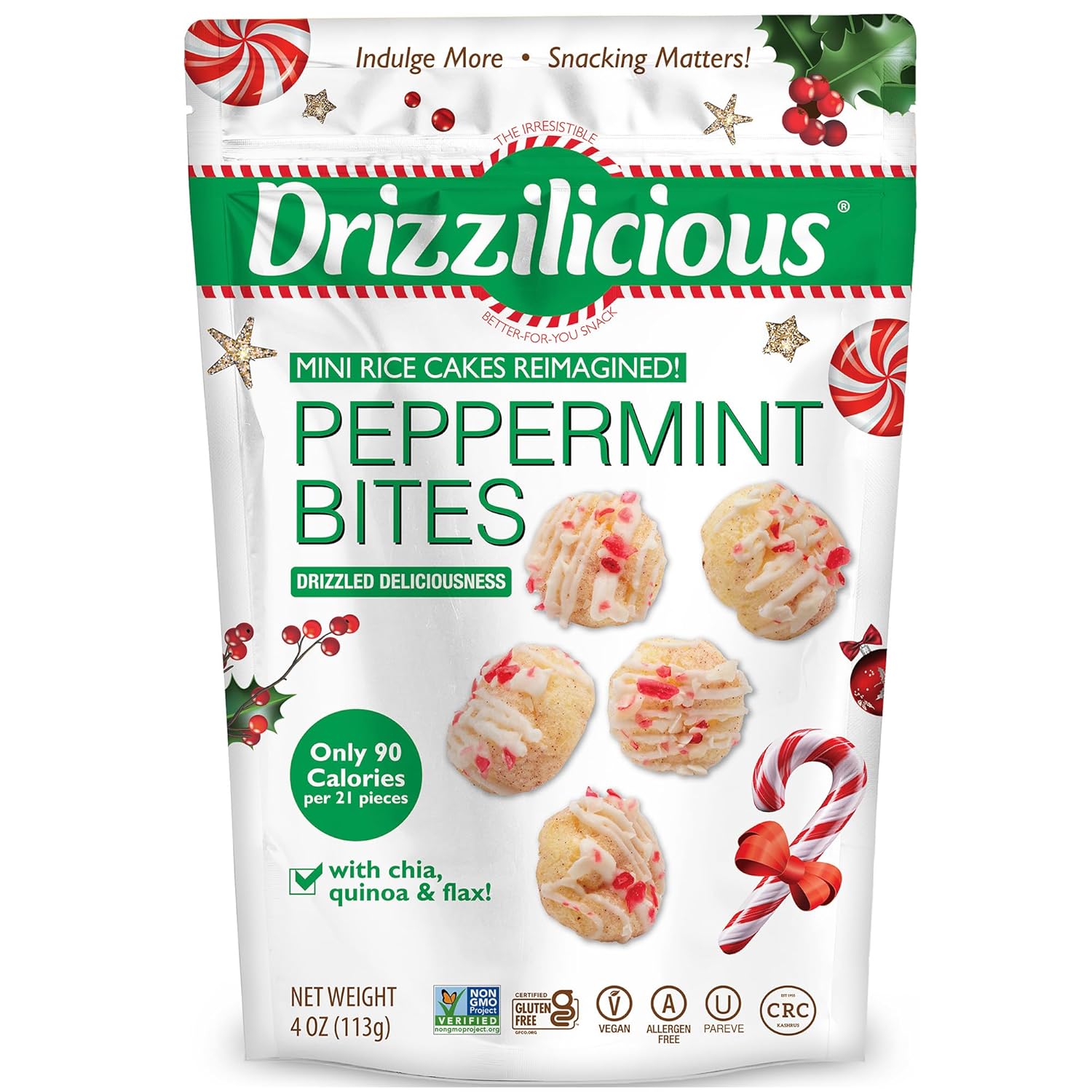 Drizzilicious Mini Flavored Rice Cakes Peppermint - Rice Crisps, Healthy Snack for Adults and Kids, Vegan, Gluten Free Snack, Allergen Free, Only 90 Calories Per 21 Pieces - 4 oz (Pack of 2)