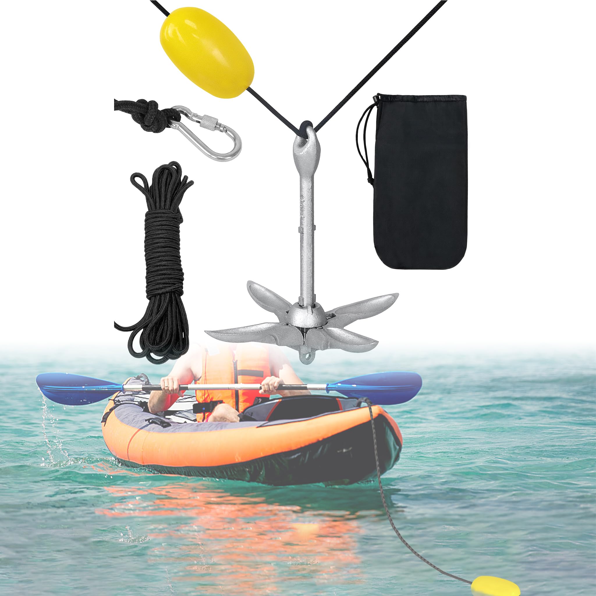 LZQ Ancoraggio pieghevole per barca, set di ancoraggio, con corda di ancoraggio, boa di ancoraggio, moschettone e borsa per il trasporto per barche, gommoni, SUP, kayak, canoa, 1,5 kg