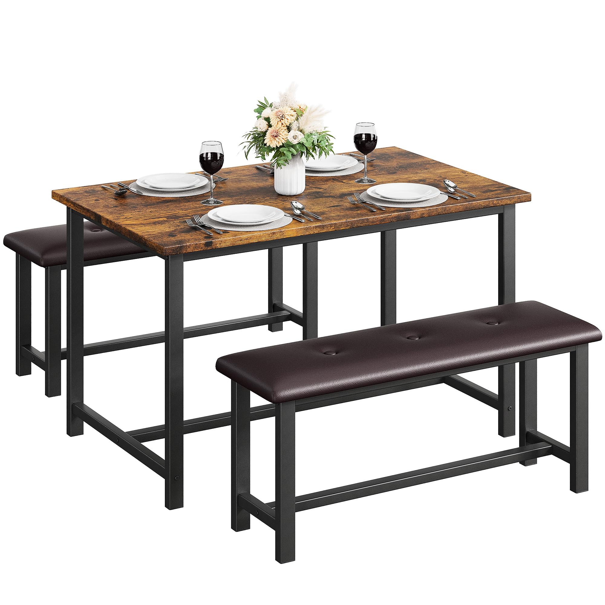 Crevyteg Modern Industrial 3-Piece Dining Table Set for 4 with 2 Upholstered Benches, Space-Saving Kitchen Table Set for Small Spaces, Easy Assembly Metal Frame Dining Room Furniture