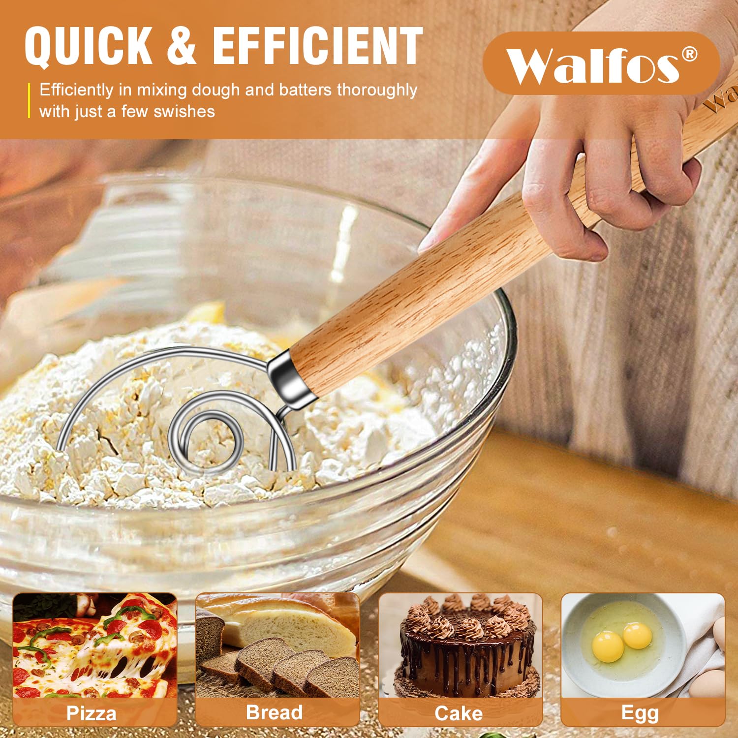 Walfos Dänischer Teigbesen aus Holz, Sauerteig-Mixer aus Holz mit Edelstahlring, Küchenhand-Brotquirlwerkzeug für Kuchen, Pizza, Gebäck, Kekse