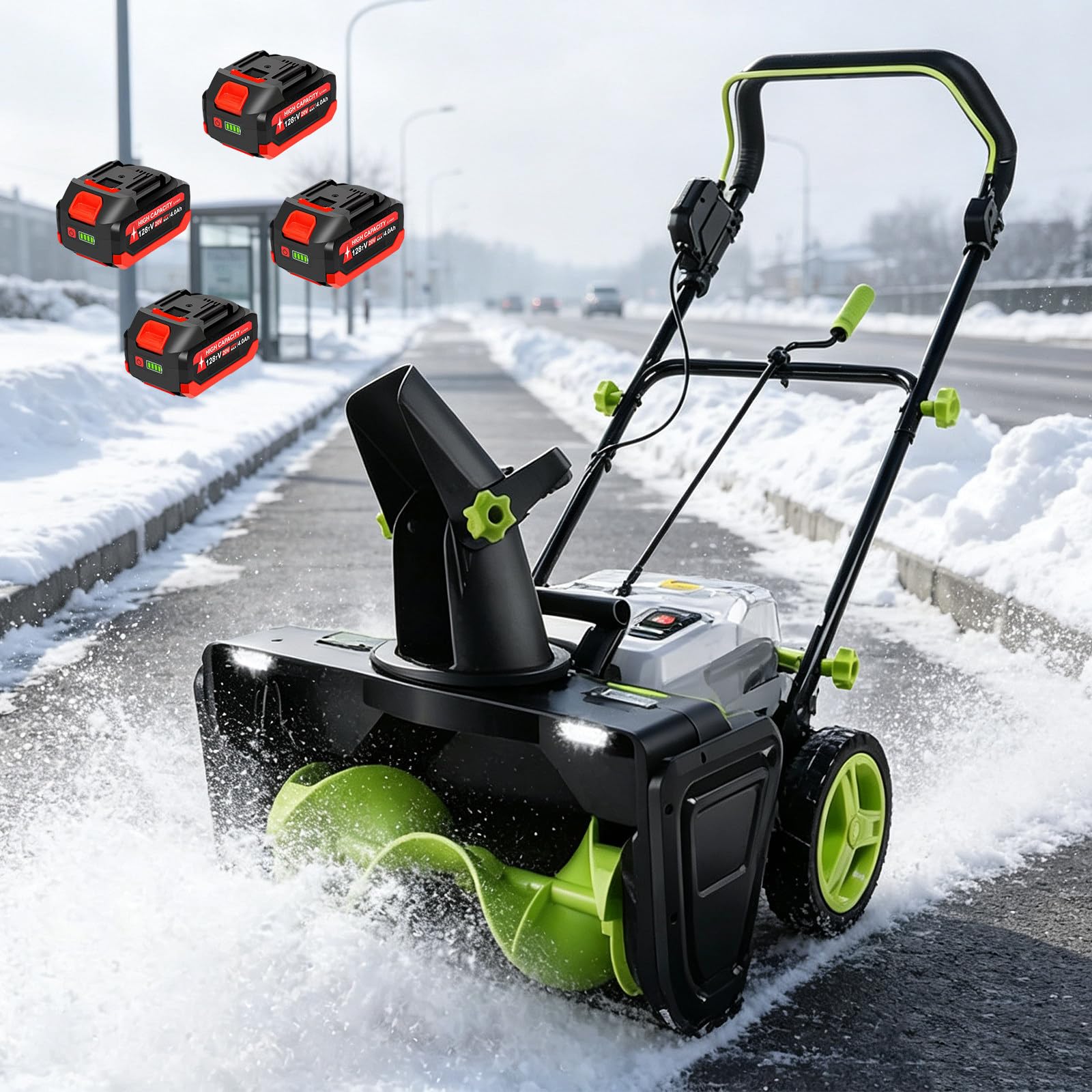 Quitanieves a Batería 40V Litio, Rueda Quitanieves Eléctrico 3500W con Descarga Ajustable, LED y Diseño Ligero para Nieve,para Propietarios de Vivienda 4Batteries