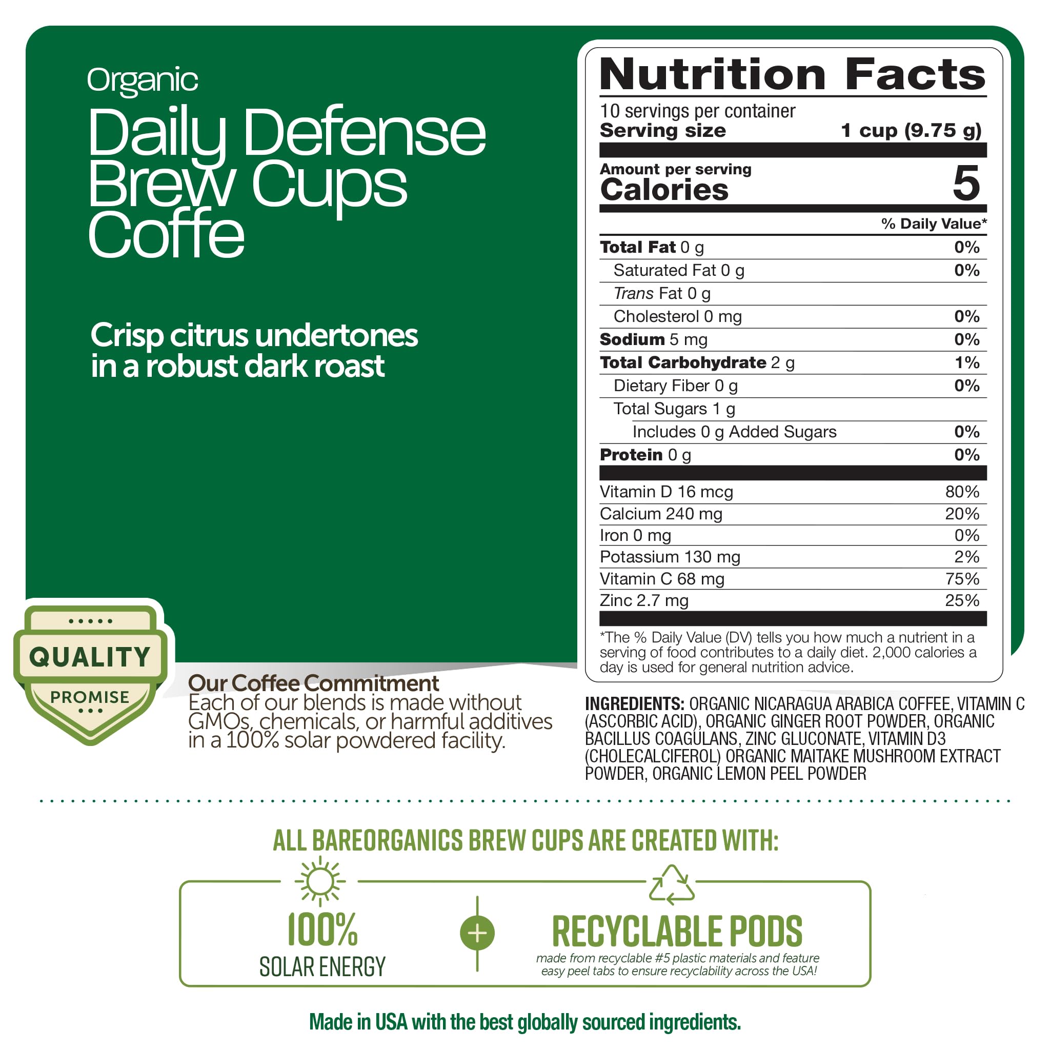 Daily Defense Organic Coffee Pods – Coffee with Maitake, Ginger Root, Lemon Peel & Superfoods – Healthy Mold Free Probiotic beverage, Vegan, Gluten Free - 10 Recyclable Single Serve K-Cups