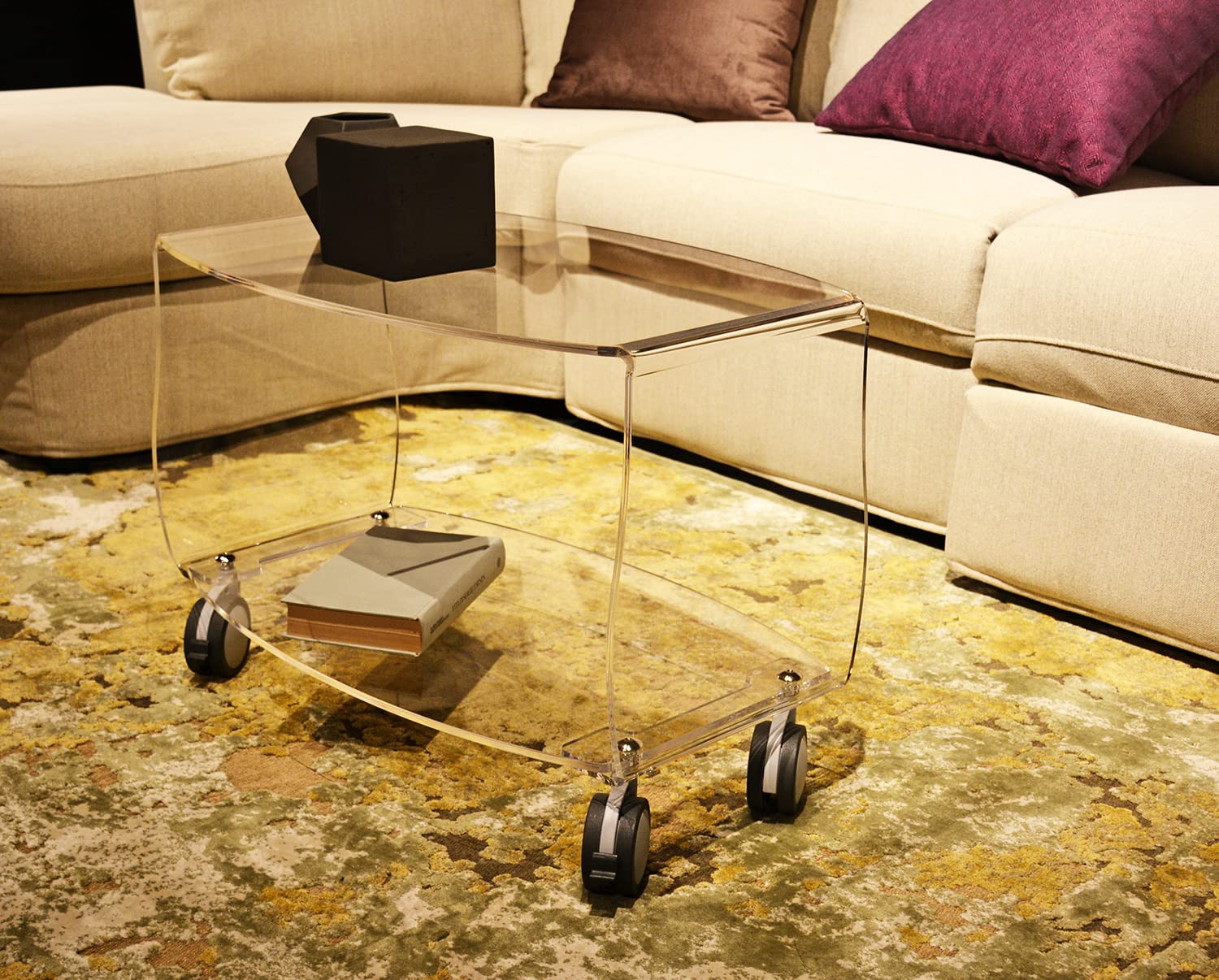 Slato Olimpia-Tavolino in cristallo acrilico trasparente a due ripiani con ruote,compatto/leggero/design elegante, adatto per soggiorno,lato divano,porta TV,Made in Italy (cm.L.67 x P.40 x H46)