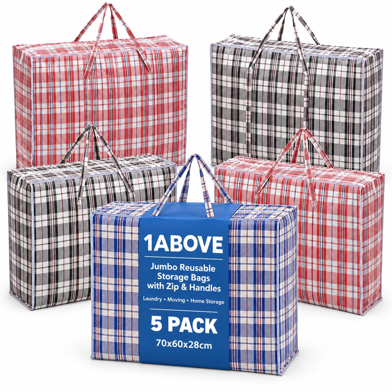 1ABOVE 5 PACKS JUMBO Strong Laundry,Shopping, Storage, Reusable Store, Cloth, Moving, Waterproof, Handles and Zipper Bags -70cmx60cmx28cm