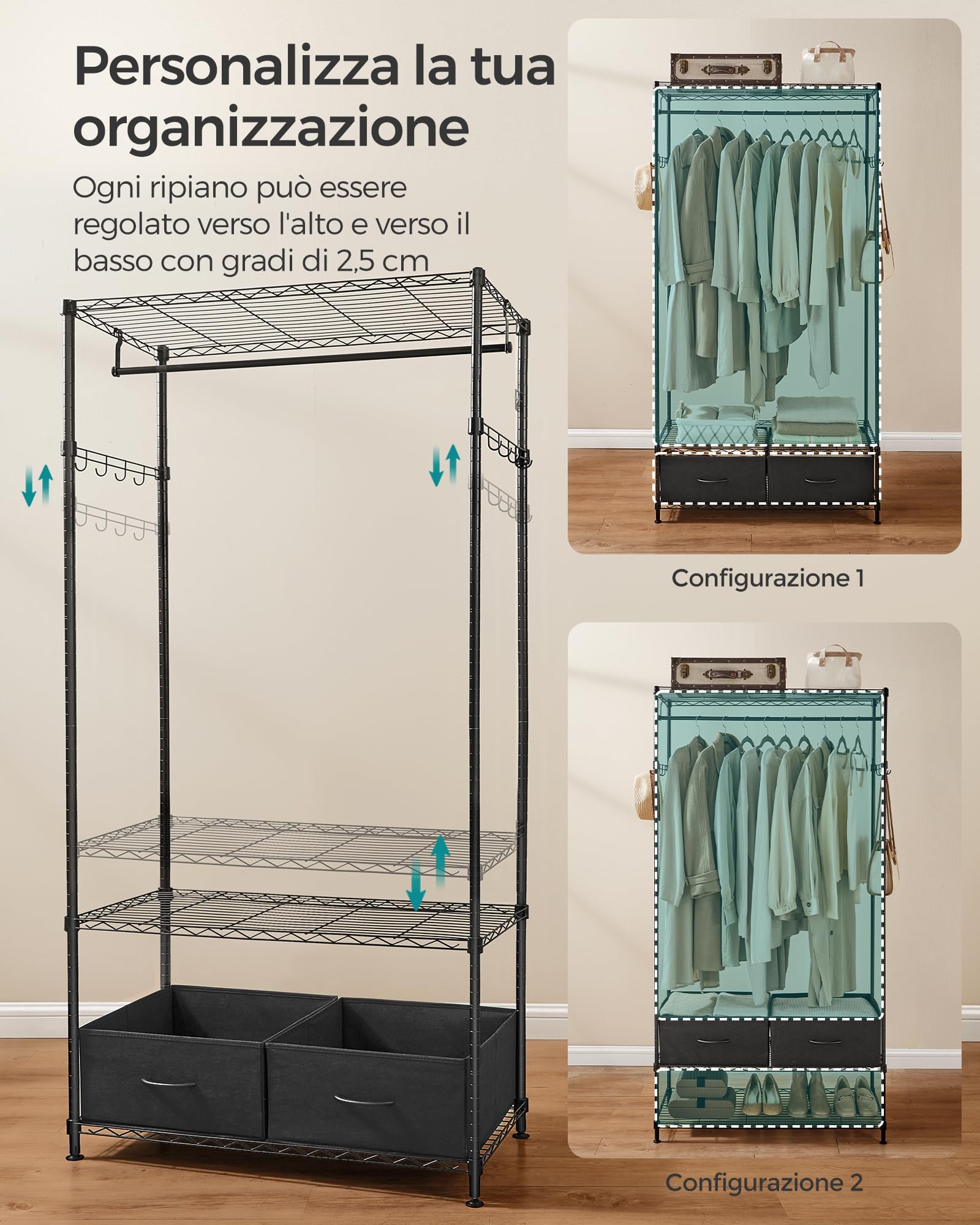 SONGMICS Armadio, Guardaroba in Metallo con Ripiani a Rete, 2 Cassetti in Tessuto, Barra Appendiabiti e Ganci, Stand Appendiabiti, Nero Inchiostro LGR411B02