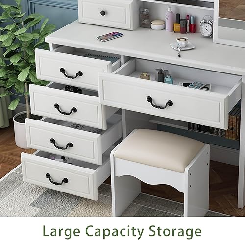 Miniatura 2 de RIDFY Juego de tocador de maquillaje con espejo y luces, escritorio de maquillaje con 6 cajones y taburete tapizado, mesa de tocador con brillo de