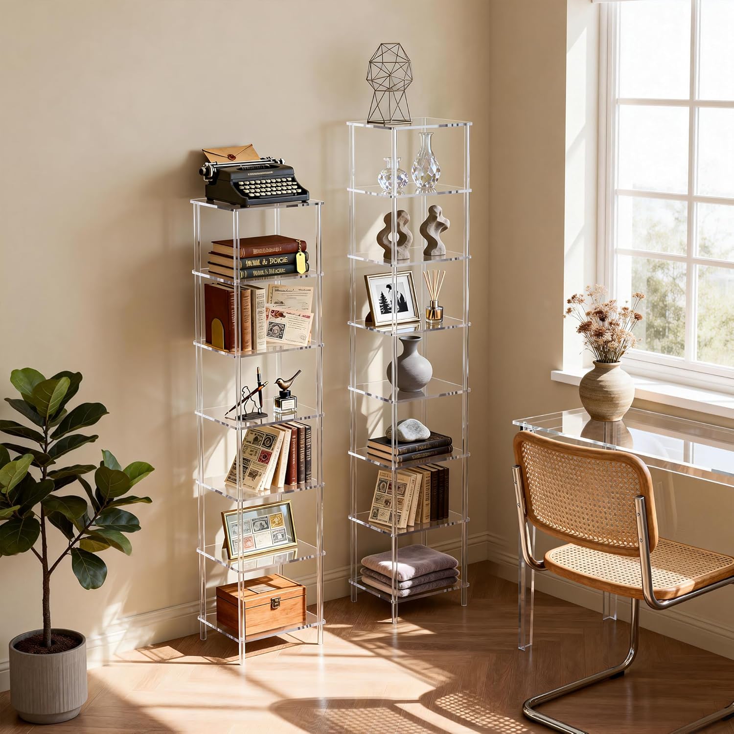 Acrylic Bookshelf, Small Bookcase, Standing Freestanding Corner Storage Shelves Display Shelf for Living Room, Bedroom (Clear, 7 Tier)