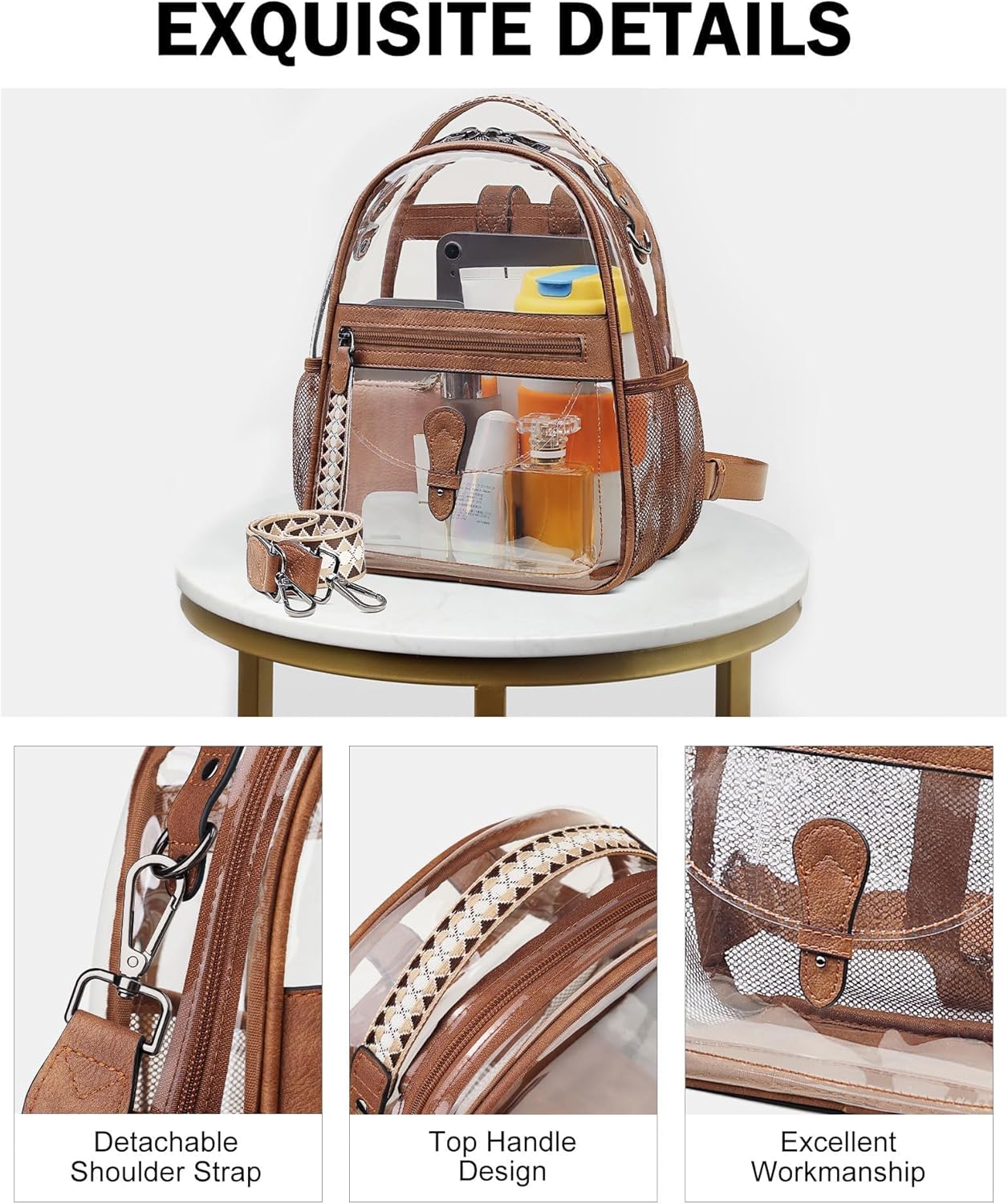 FADEON Clear Small Backpack Purse for Women, Designer Transparent Shoulder Handbag, PVC Mini Clear Bag for Stadium Approved