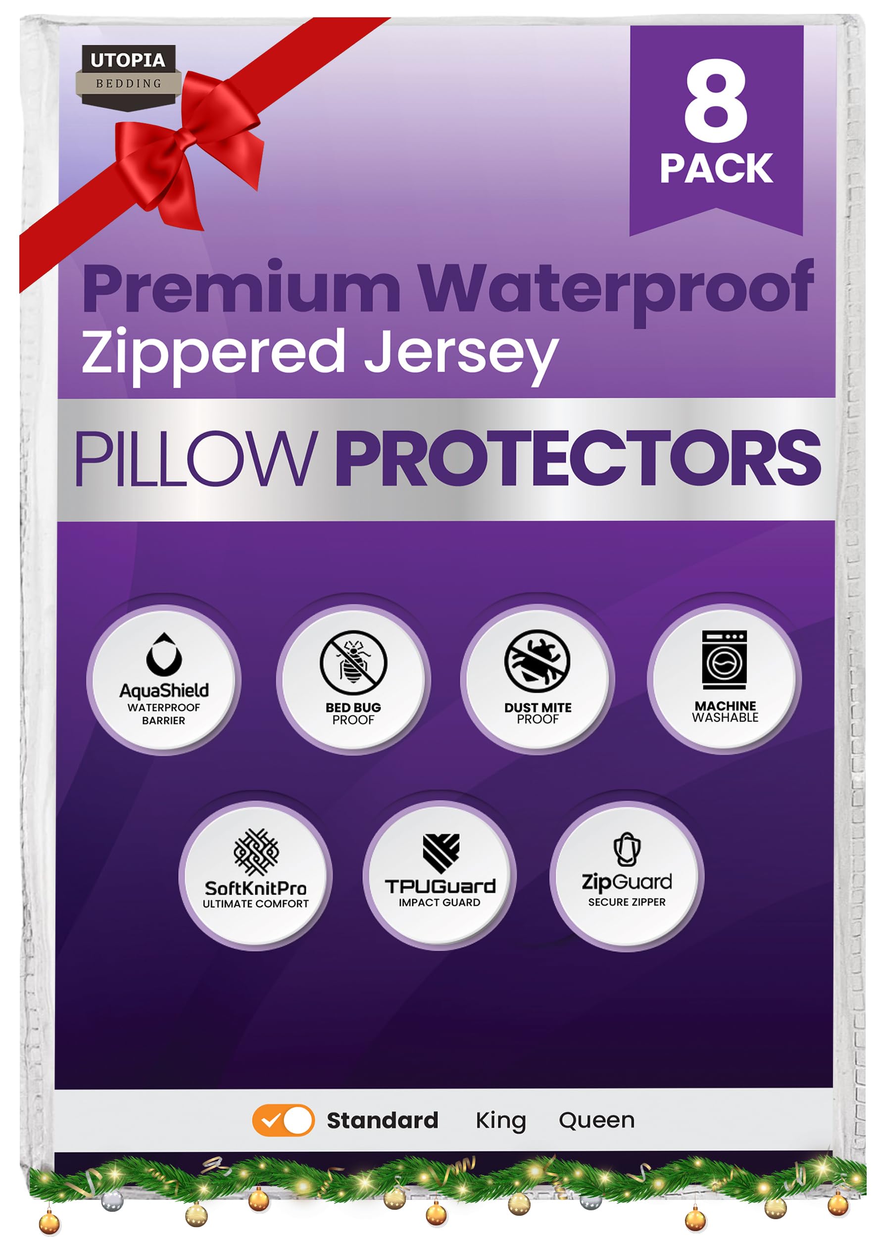 Utopia Bedding Waterproof Zippered Pillow Protectors Standard Size (20x26 Inches, White, 8-Pack), Premium Hotel Quality Pillowcase Covers, Machine Washable Pillow Encasements