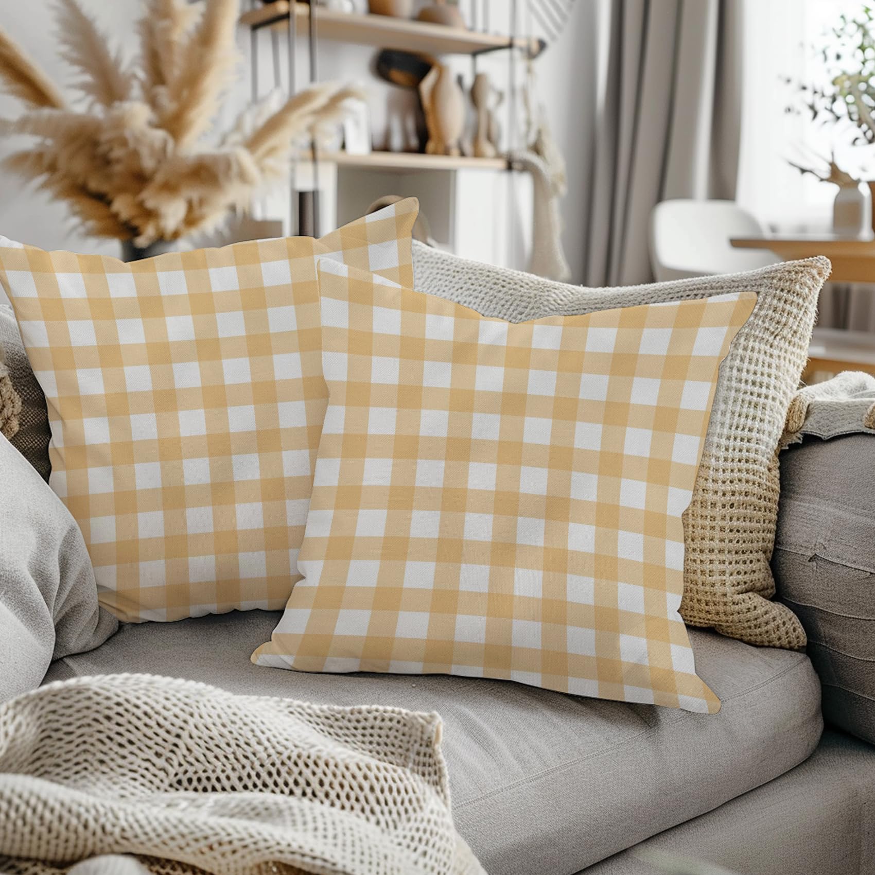 ggaimwf Gingham Pillow Cases 2 Pack 50x50cm Orange Checked Pastel Farmhouse Cushions Covers Square Throw Pillow Covers for Girls Sofa Couch Living Room Bedroom Home Decor Scatter Cushion Case - Image 2