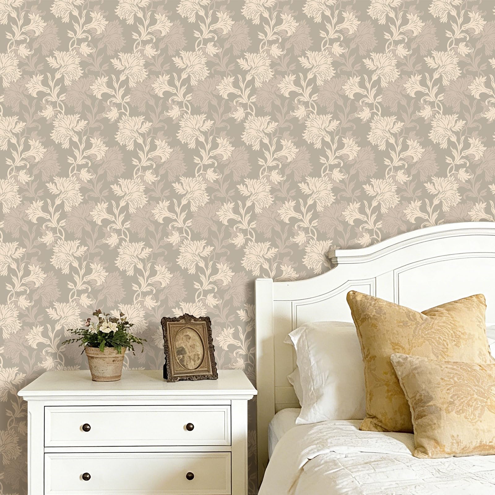 LACHEERY 44.5cm x 700cm Papier Peint Adhesif Mural Beige Motif Fleur Rouleau Adhesif Decoratif Mural Salon Vinyle Papier Peint Floral Creme Lavable Vintage Film Autocollant Meuble pour Salle de Bains - 5