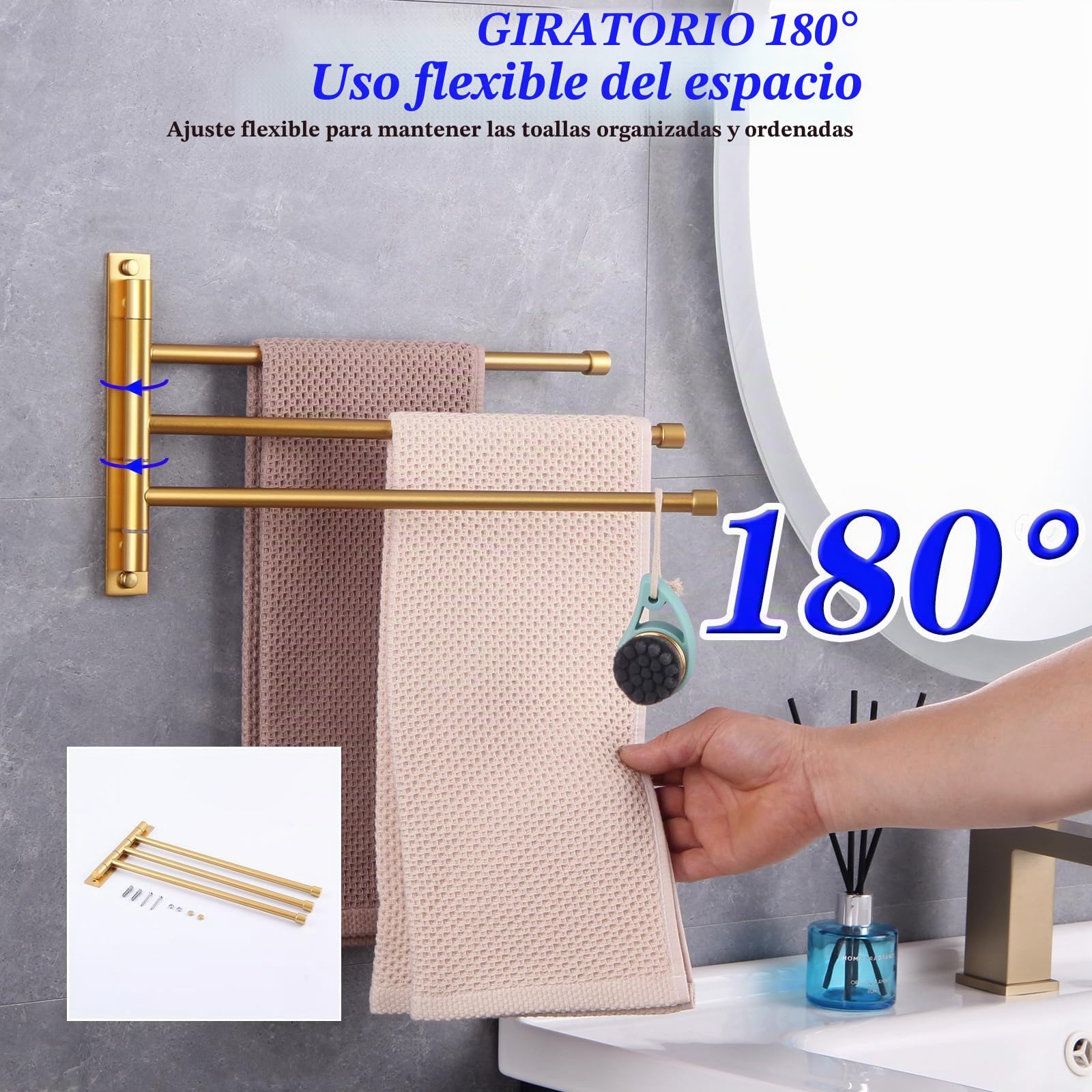 GERZWY Sus 304 - Toallero de Mano de Acero Inoxidable con 3 Barras, Brazo Plegable, Soporte Giratorio para Toallas de baño, Barra de Toalla giratoria, Montaje en Pared, Acabado Dorado