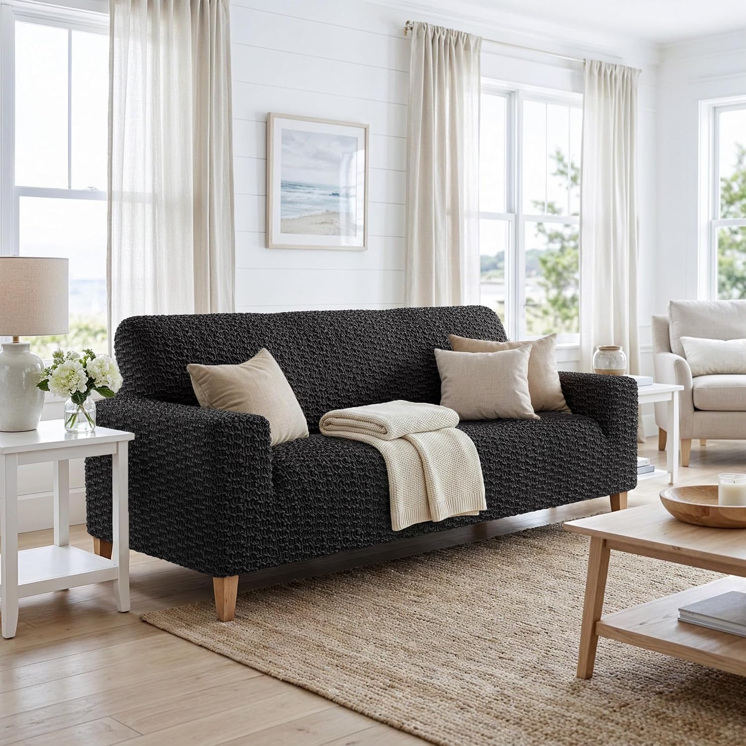 PAULTO BY GA.I.CO. Stretch Sofa Slipcovers – Soft Elastic Fabric Couch Cover for Armchair Loveseat 3-Seater & 4-Seater Sofa Cover – Non-Slip Furniture Protector Washable - Black (64"-85" Wide)