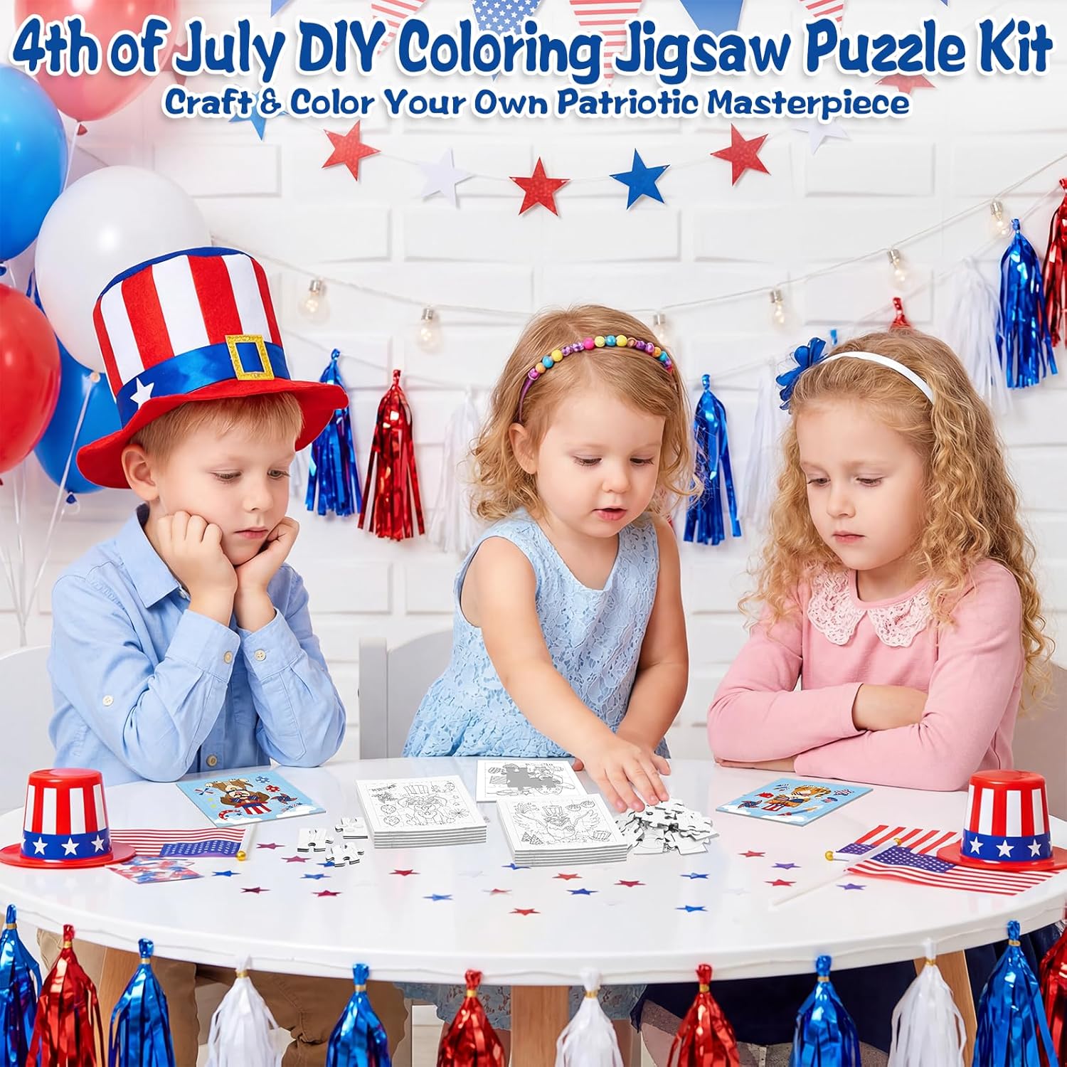 Fennoral 24 Pack 4th of July Craft Kit for Kids Color You Own Cute Animal Patriotic Jigsaw Puzzle DIY Coloring Independence Day Art and Craft for Classroom Activity Party Favor Supplies