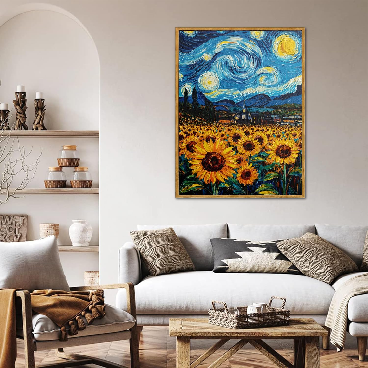 Starry Night Inspired Sunflower Field Canvas Wall Art - Impressionist Art Print - Vibrant Home Decor for Living Room Bedroom Office - HD Waterproof Premium Stretched Framed Ready to Hang 12x16 Inches