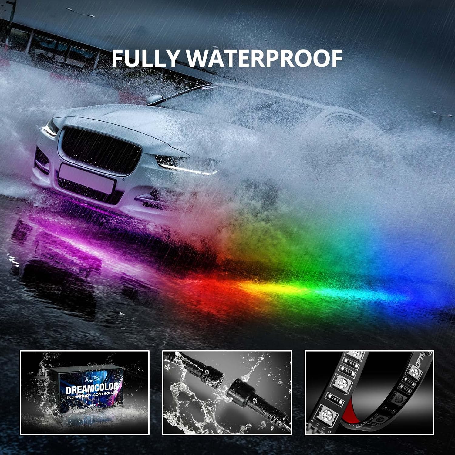 OPT7 Aura Dreamcolor Underglow Chasing Light Kit w/Wireless Remote, 4 pc Flexible Underbody RGB-IC LED Light Strips, Exterior Neon Accent Underbody Lights for Car Truck RV, Multi Colors Mode, 12V