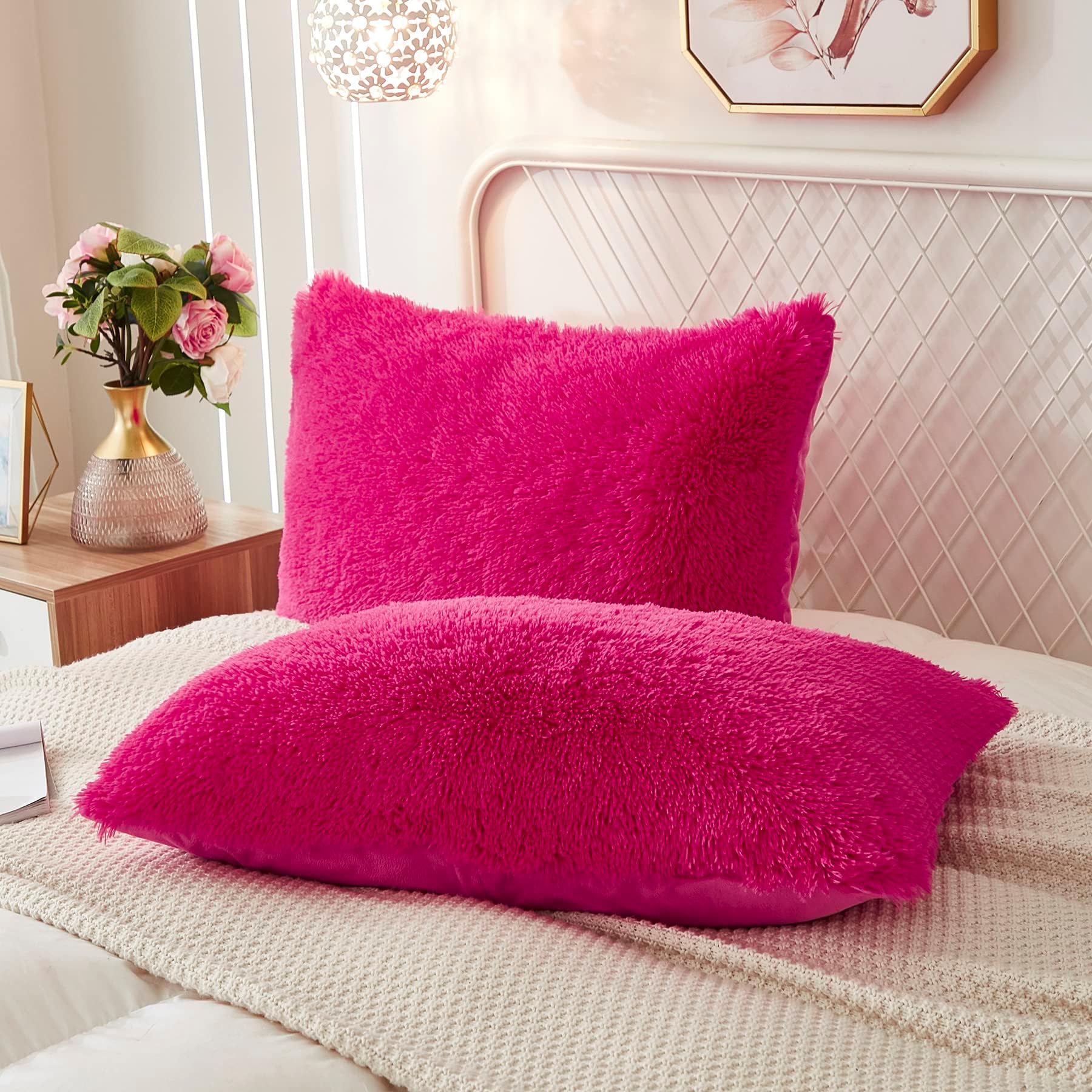 Memfydu Faux Fur Fluffy Pillowcases, Hot Pink Plush Shaggy