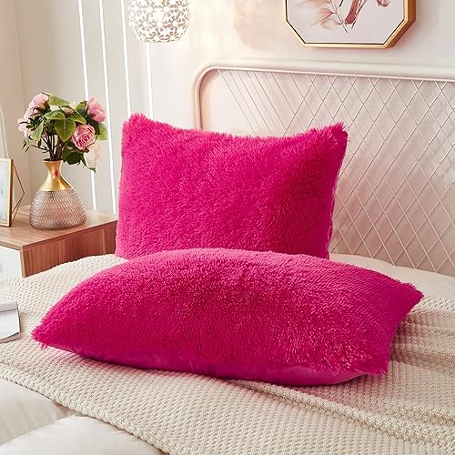 Uhamho Juego de 2 fundas de almohada de piel sintética fundas de almohada de terciopelo suave decoración para el hogar cierre de cremallera rosa