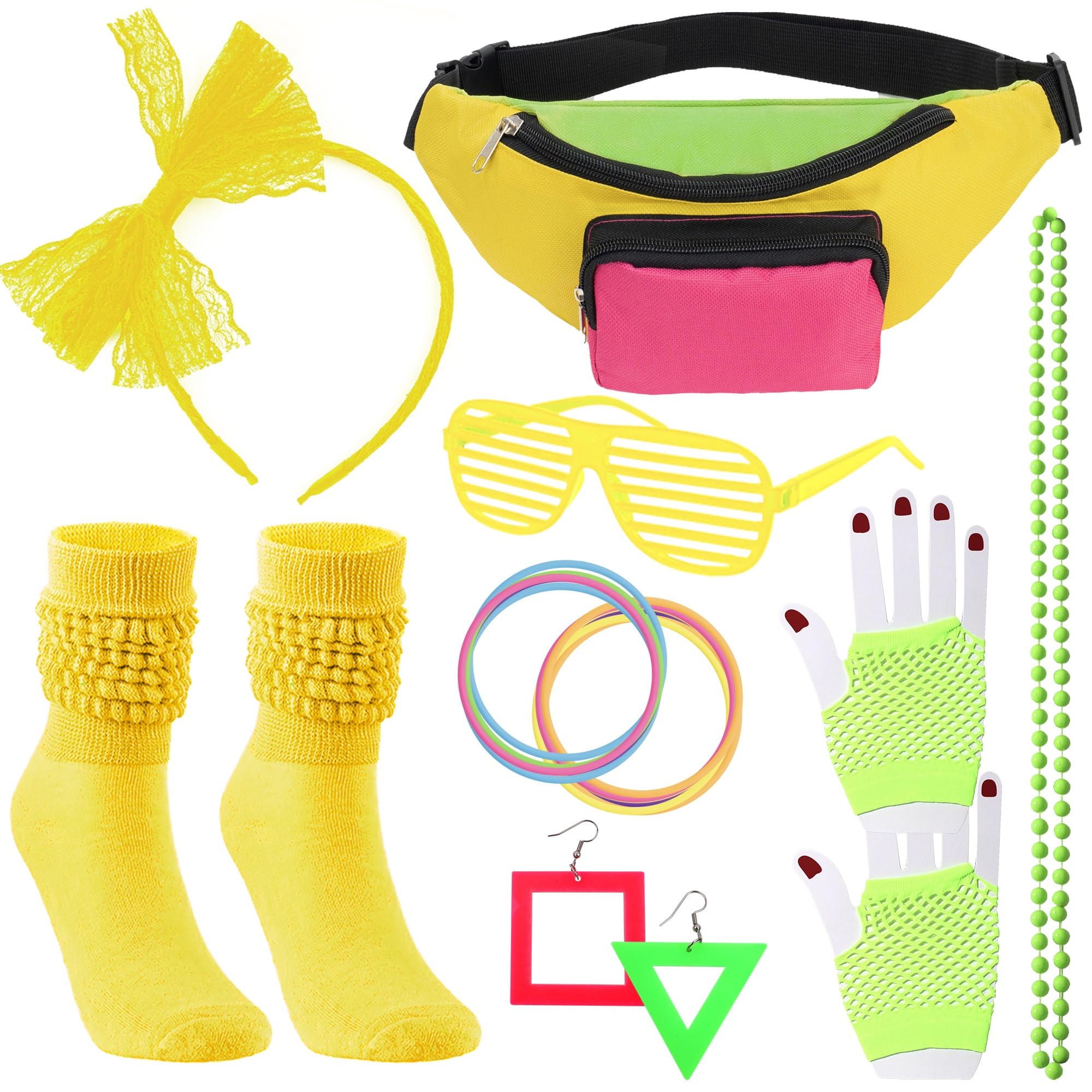 Peirich 80s Costume Accessories, 80's Fanny Pack Glasses Hairband Fishnet Gloves Bracelet Earrings Necklace Socks for Women