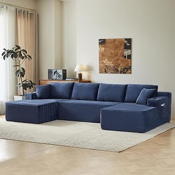 ivoros 134" Cloud Couch Sectional, Modular Sofa with Cup Holder and Storage Pocket, Corduroy U Shaped Boneless Sofas, Couch in a Box, No Assembly Required, Blue Couches for Living Room