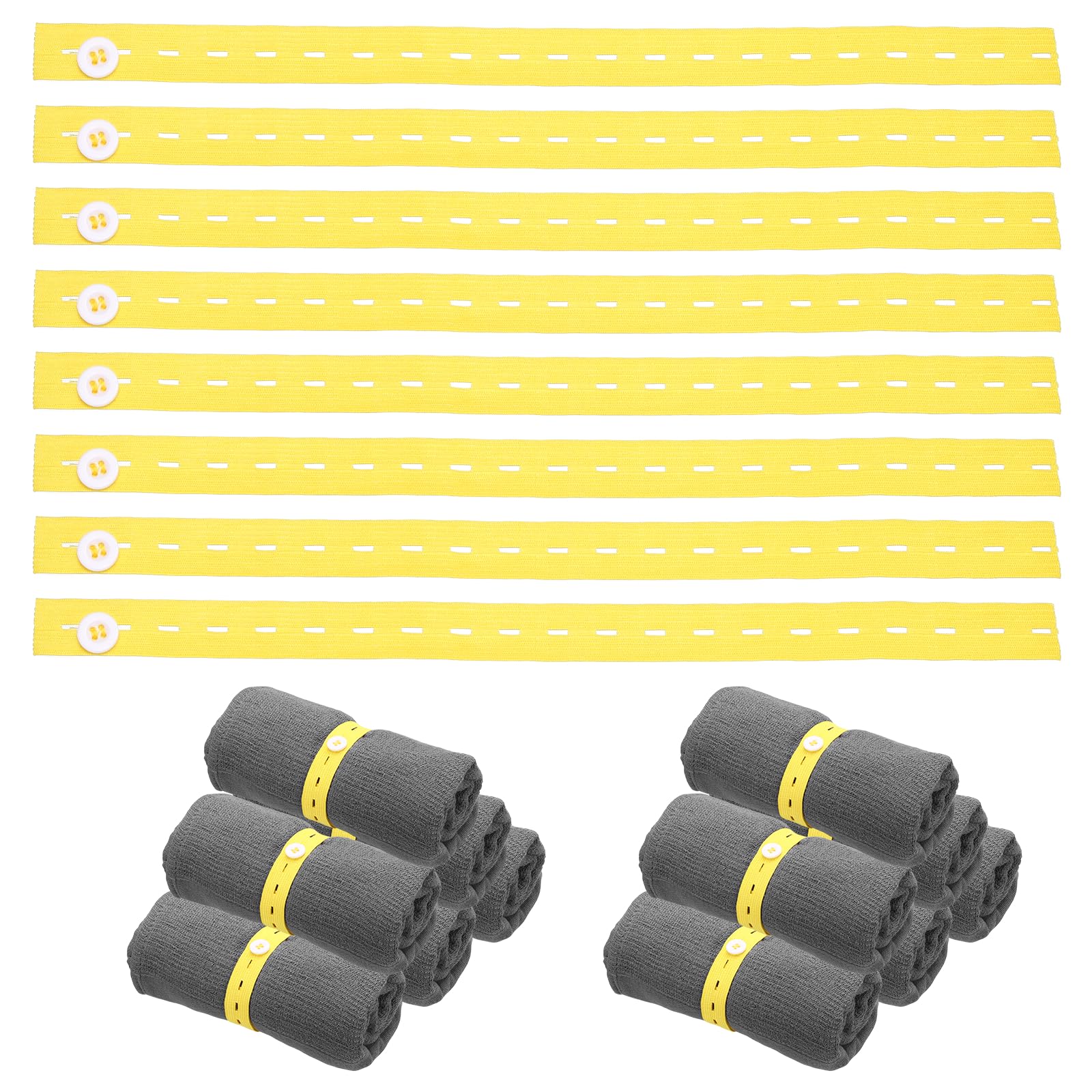 sourcing map 25Pcs Roll-up Clothes Storage Elastic Band, Adjustable Clothing Storage Strap with Button Travel Luggage Space Saver for Drawer Closet Bedsheet Towel Pants, Yellow