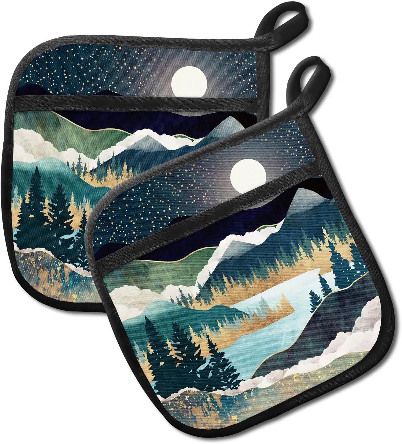 Pot Holders for Kitchen, Heat Resistance Hot Pads, Cute Potholder with Pocket for Kitchen Cooking Baking 2 Packs, Night Mountain View