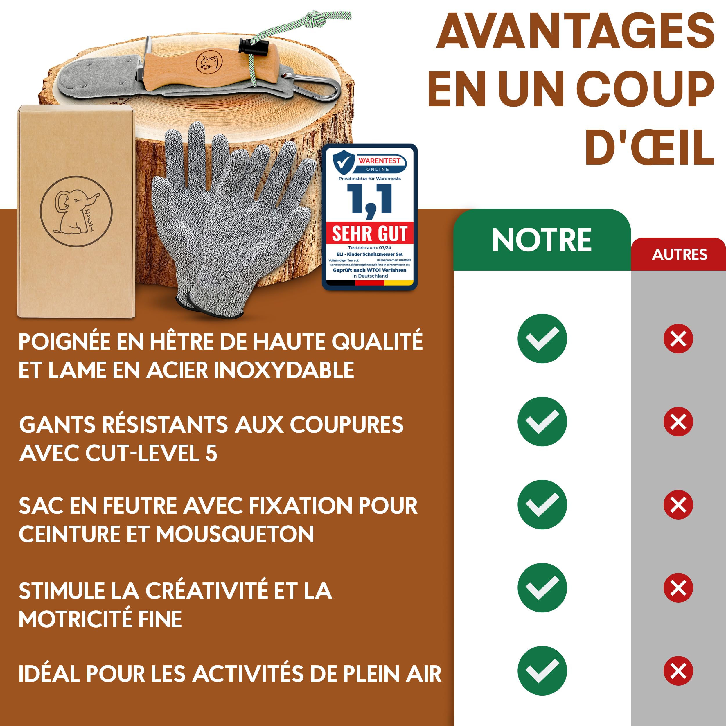 Eli® Couteau de sculpture pour enfant à partir de 6 ans - Avec sac en feutre - Kit de sculpture de qualité supérieure avec gants résistants aux coupures