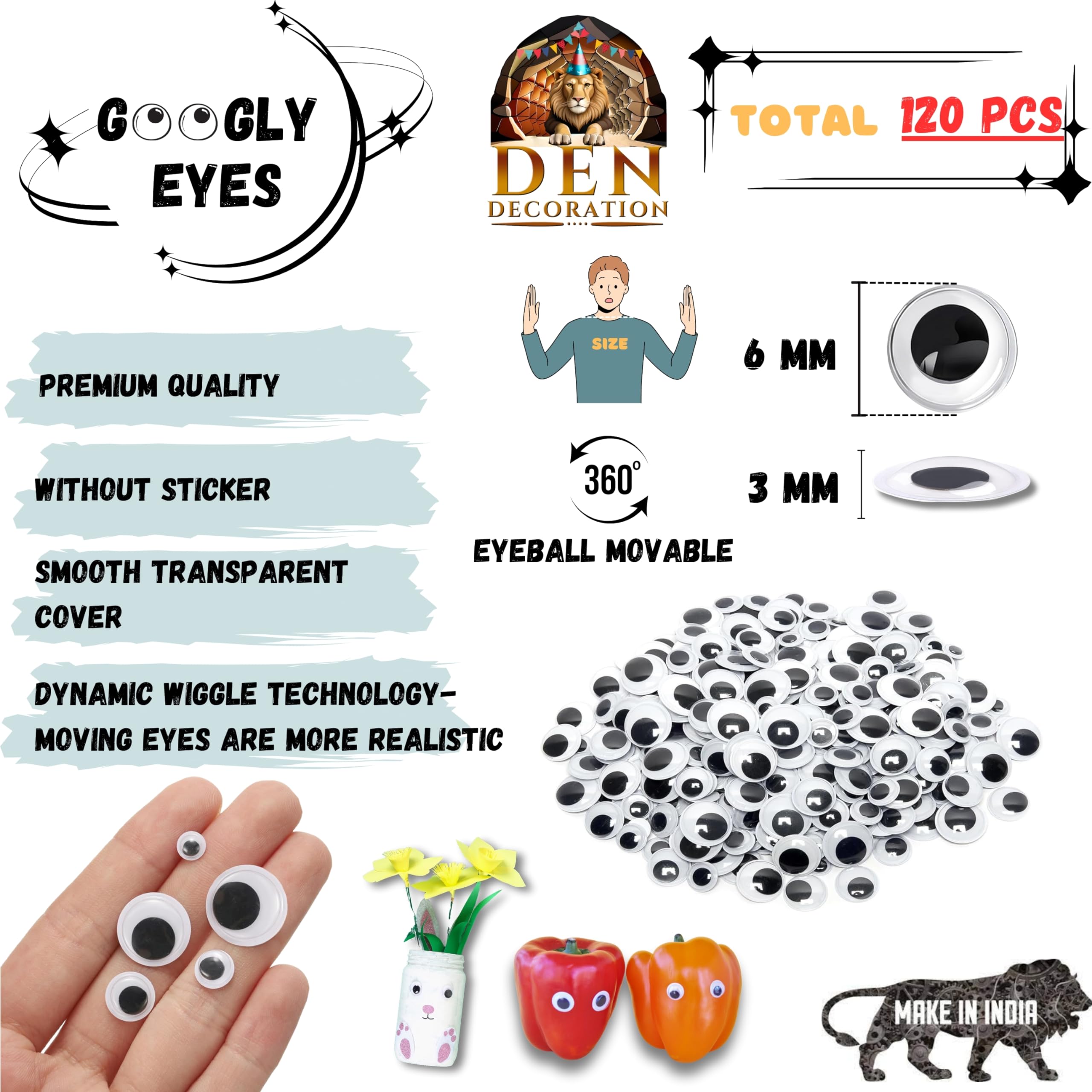 DEN DECORATION Premium Black Wiggle Googly Eyes Round Plastic for Craft (6mm 120 Pieces) 1