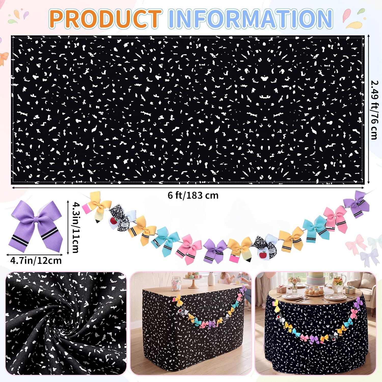 Batiyeer 2 Pcs Composition Teacher Desk Skirt Set 6 ft Table Skirt for Teacher Desk with Rainbow Bow Garlands Composition Bow Back to School Table Skirts for Classroom First Day of School Office Decor