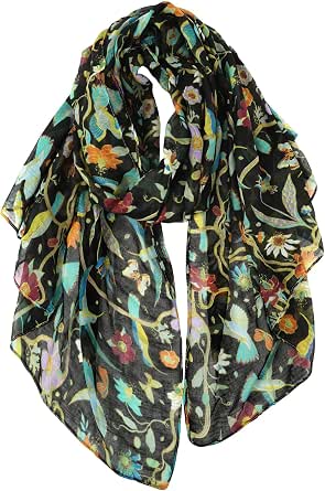 Gerinly Lightweight Cotton Feel Scarves for Women with Floral Birds Print