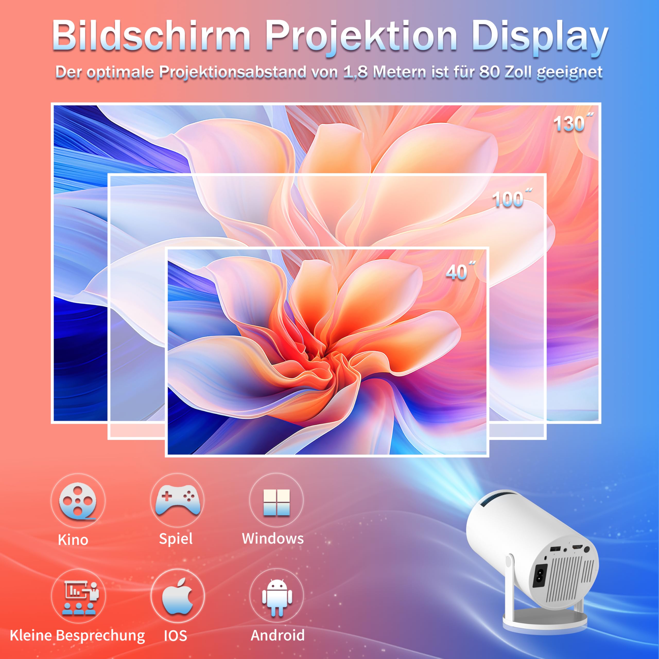 Mini projecteur 4K compatible 1080p Full HD avec WiFi 6 avec BT 5.2, petit projecteur avec applications intégrées avec Keystone automatique et rotation à 270° compatible avec HDMI/TV Stick, blanc
