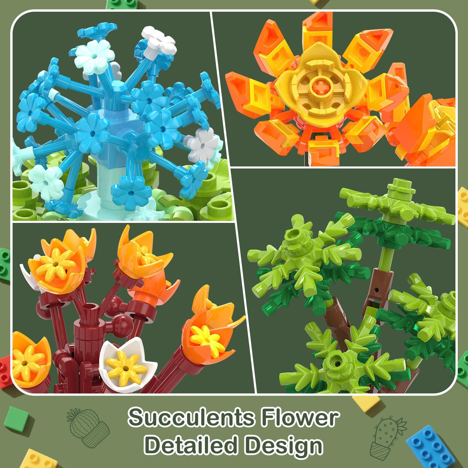 Brihappen Set Da Costruzione Fiori Succulente 12 In 1 - 987 Pezzi Per Adulti E Ragazze - Mini Piante Grasse Bonsai Da Assemblaggio