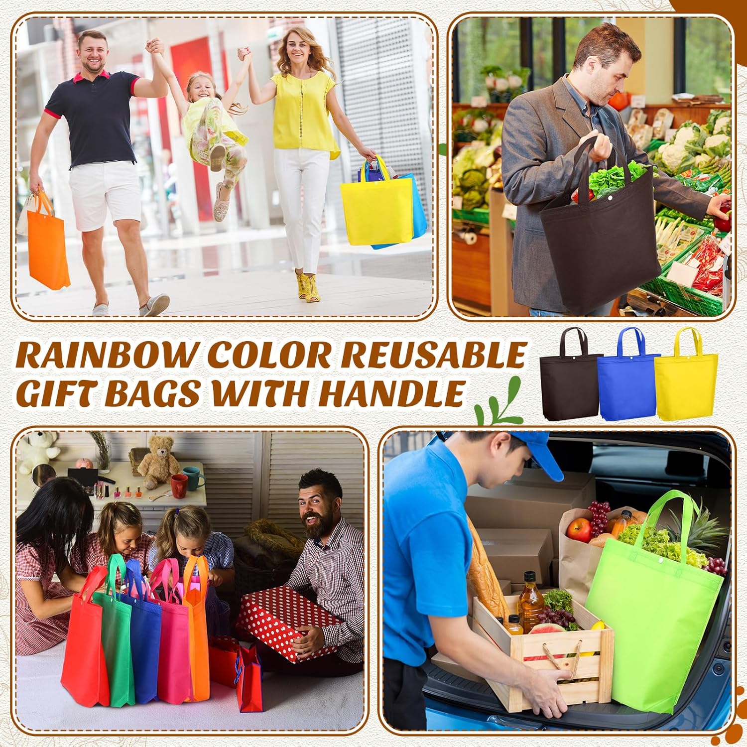 Paterr 50 Pcs Reusable Grocery Bags Bulk Large Non Woven Portable Shopping Tote with Handle Multicolor Foldable Grocery Tote Gift Bag with Button, 14.96 x 12.6 x 3.94 Inches - Image 6