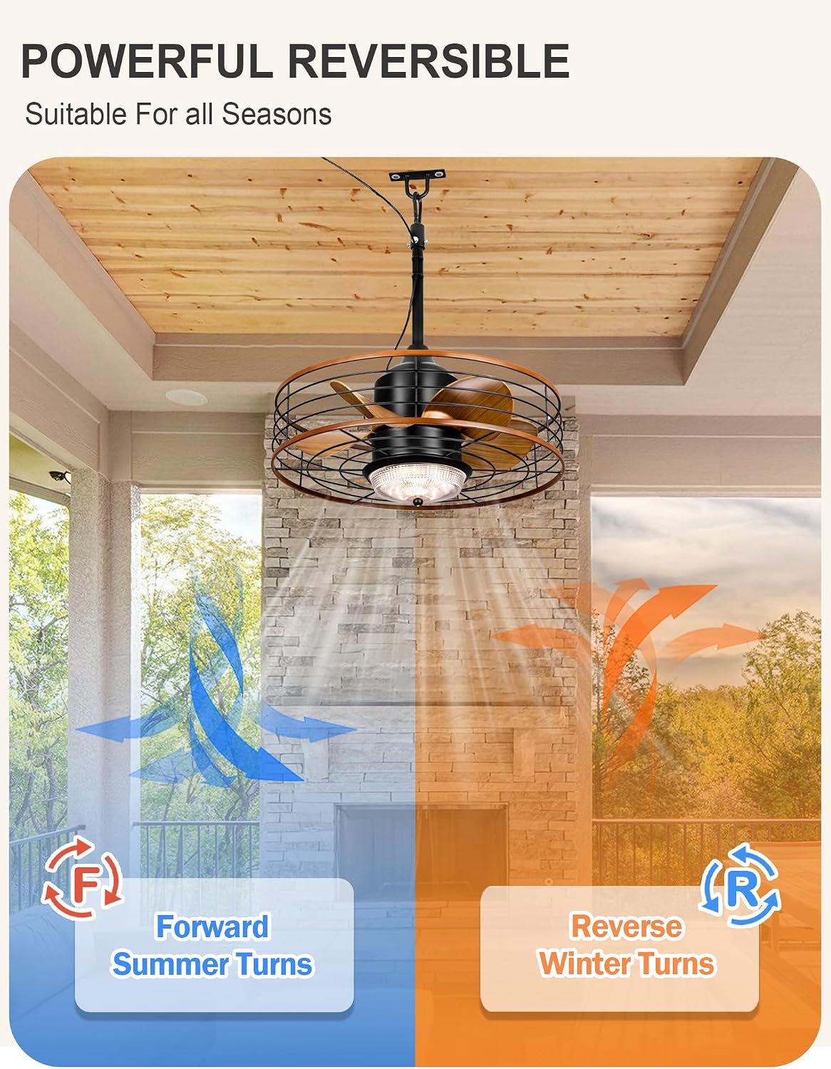 Dawn Whisper 20" Outdoor Ceiling Fans with Lights Gazebo Fan Waterproof for Patio Hanging with Plug In Cord Caged Ceiling Fans for Pergola Porch