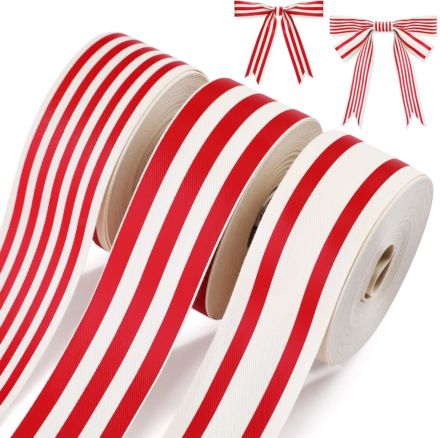 3 Rolls 1 Inch x 18 Yards Red White Stripe Ribbon Vintage Striped Fabric Ribbons Natural Cotton Wrapping Accessories for DIY Craft Valentines Wedding Party Decor, 3 Styles