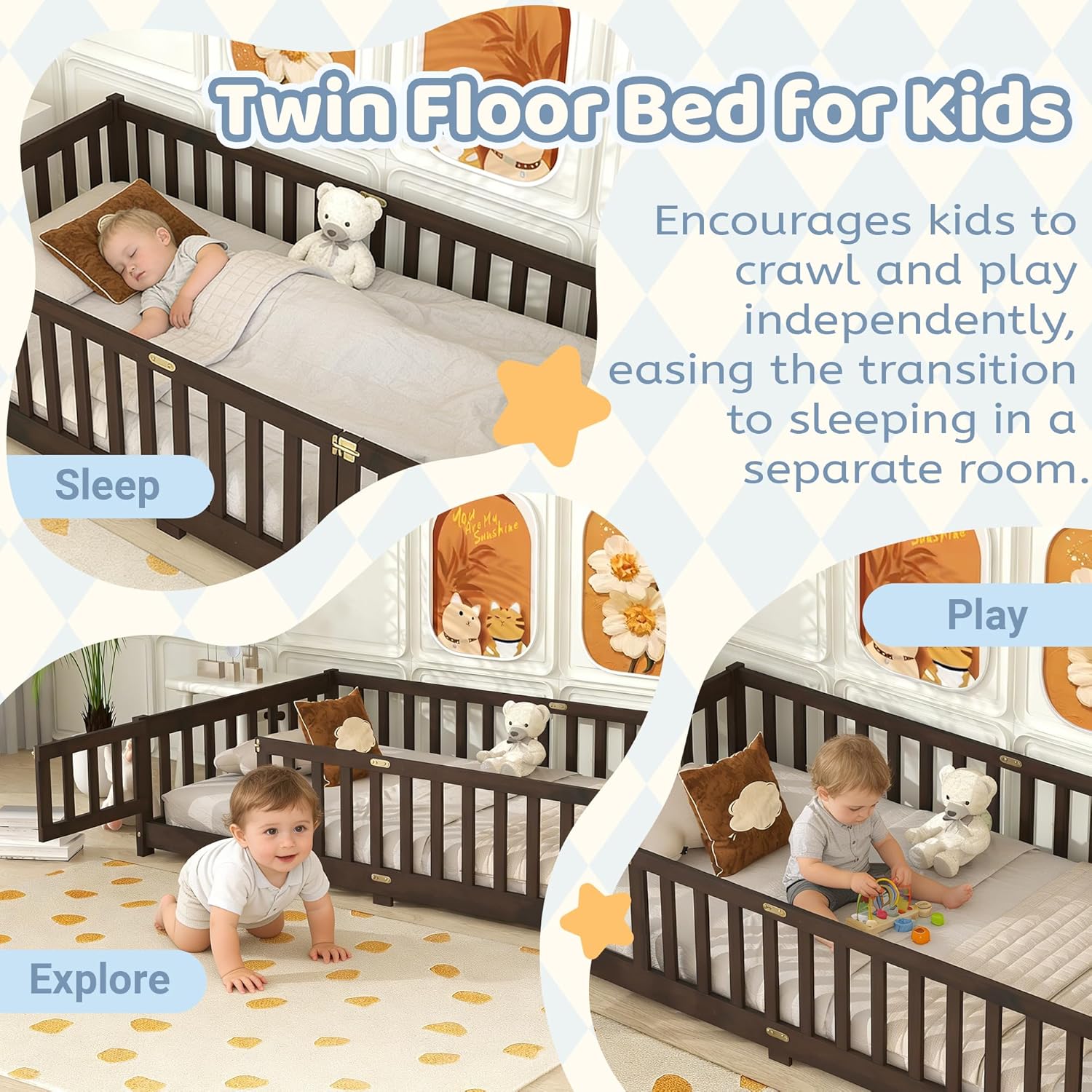 Twin Size Floor Bed with Slats and Door,Montessori Floor Bed Frame with High Rails,Twin Wood Kids Beds with Fence,No Box Spring Needed,Espresso