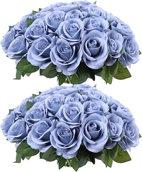 52pcs Dusty Blue Roses Artificial Flowers Fake Flowers Silk Roses with Stems for DIY Wedding Bouquets Bridal Shower Centerpieces Arrangements Party Decorations