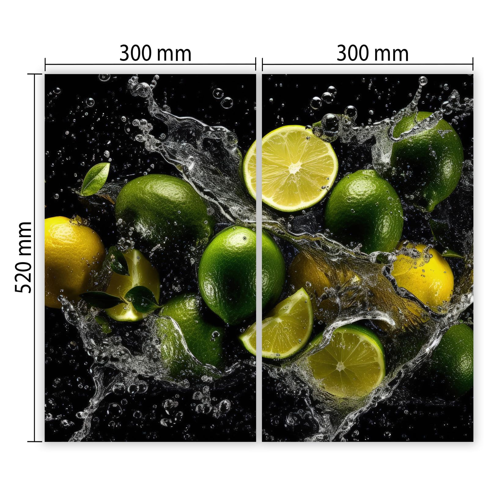Herdabdeckplatte 2×30×52 cm – Mehr Arbeitsfläche, Spritzschutz & Schneidebrett – ESG Glas, kratzfest – für Induktion/Ceranfeld – 2-teilig, Motiv Frucht Wasser Grün