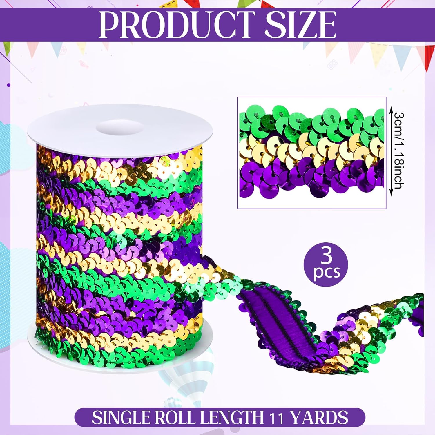 Daifunli 33 Yards 1.2 Inch Mardi Gras Sequins Trim Elastic 3 Rolls Flat Sequin Strip Fabric Ribbon for Crafts DIY Purple Green Gold Glitter Ribbon Mardi Gras Fringe Trim for Clothes Carnival Party