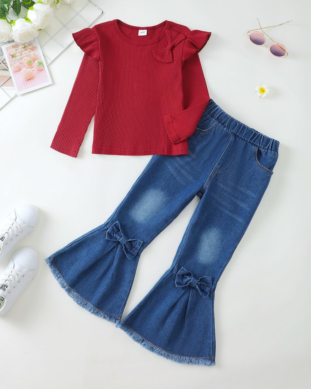Kucnuzki Toddler Girl Clothes Cute Kids Clothes Long Sleeve Shirts Top Bell Bottom Denim Jeans Pants 2 Piece Matching Outfits - Image 2
