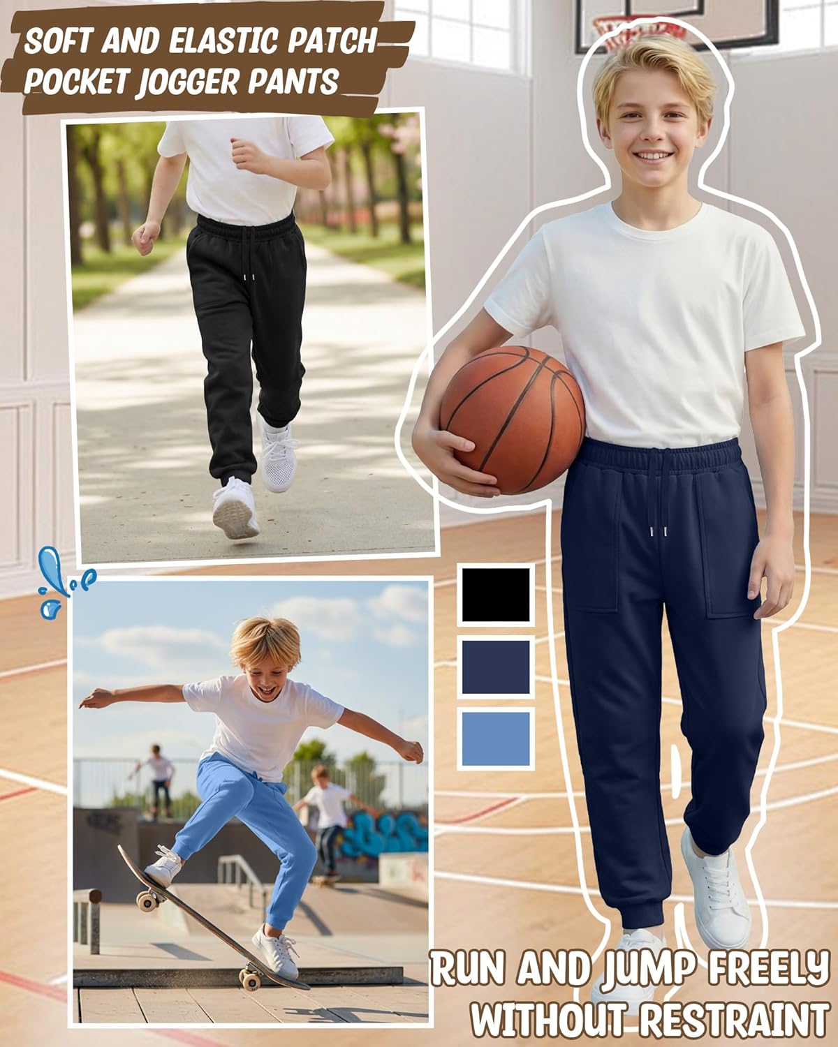 3 Pack Boy's Joggers Kids Sweatpants Elastic Waist Teens Athletic Youth Pants with Pockets Interior Drawstring