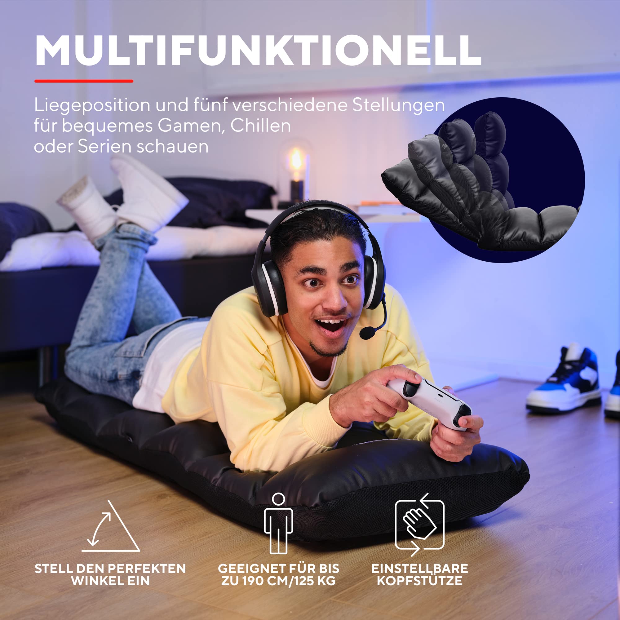 Trust Gaming GXT 718 Rayzee Klappbarer Gaming Stuhl, Bodenstuhl mit Rückenlehne für Konsolen-Gaming, bis 125 kg Belastbar, Sitzkissen mit Liegefunktion für Videospiele, Entspannung - Schwarz