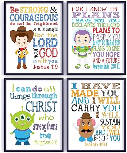 Toy Story Christian Nursery Decor Set of 4 Unframed Prints - Woody, Buzz Lightyear, Mr. Potato Head and Alien with Bible Verses