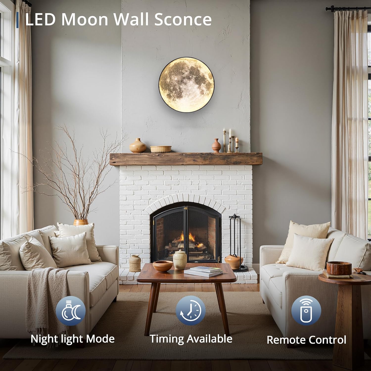 Dimmable Moon Wall Light 12 inch Wall Lights with Remote Control Plug-in Modern LED Light, 15W Black Wall Lamp Indoor Wall Mounted Ceiling Light Fixture for Bedroom Living Room Corridor