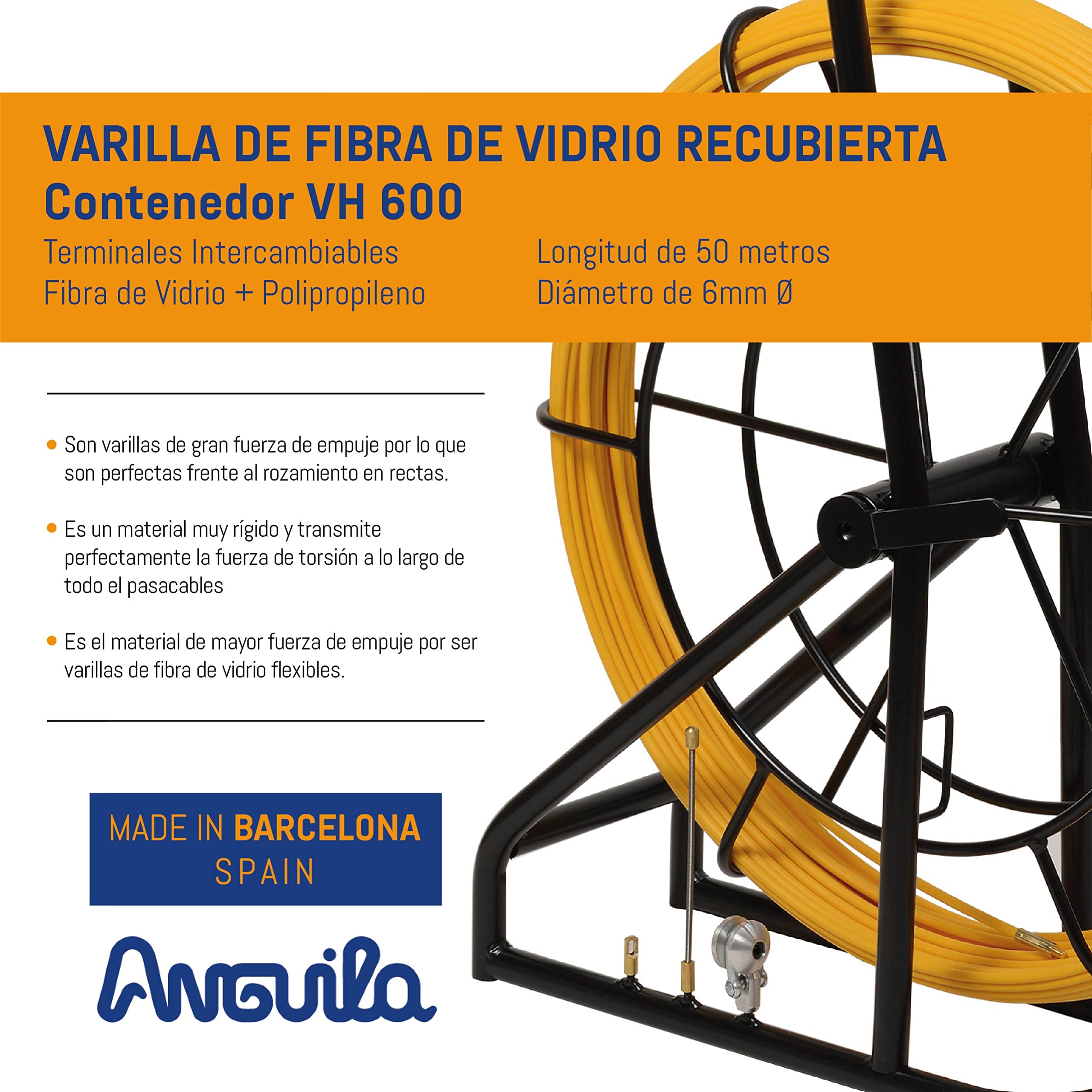 Anguila Pasacable Industrial Fibra Vidrio Amarillo ⌀6mm 50m VH600 | Rígida, sin efecto memoria y gran fuerza de empuje en recto; terminales intercambiables; incluye 3 accesorios