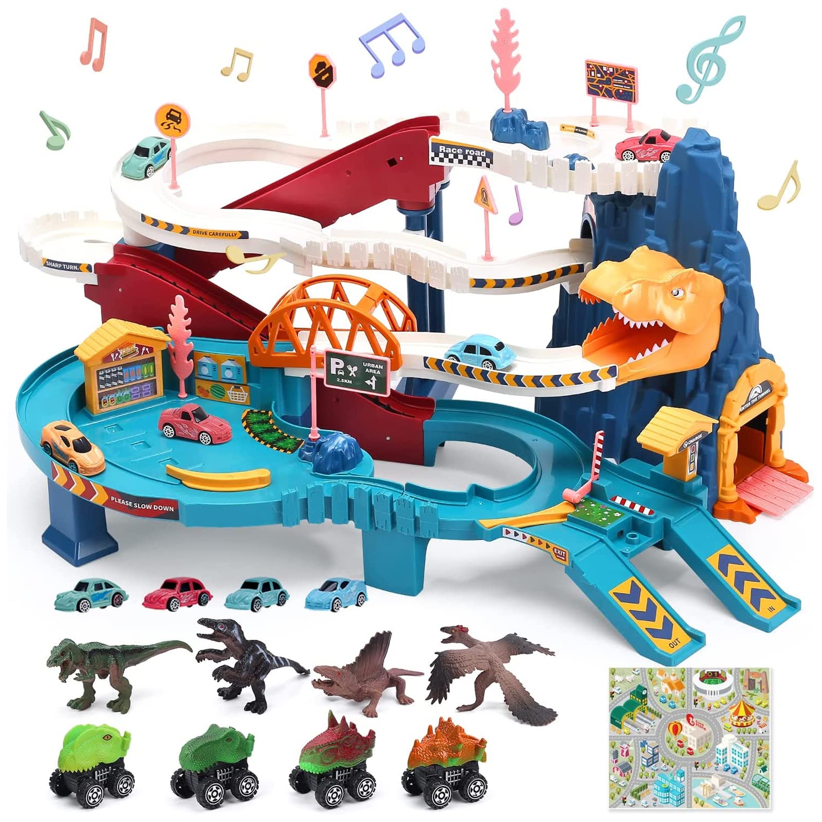 CUTE STONE Race Track Playset for Kids Boys,Car Adventure Toys with 4 Mini Cars,4 Dino Pull Back Car,Dinosaur Figures,Race Car Track Toys,Educational Toy Vehicle Playset for 3 4 5 Year Olds Boys Girls