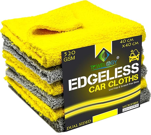 Towelogy® Edgeless Microfibre Car Cleaning Cloths 520GSM Premium for Auto Cars Drying Wash Detailing Buffing and Polishing Towels 40x40cm Grey/Yellow, Pack Of 4